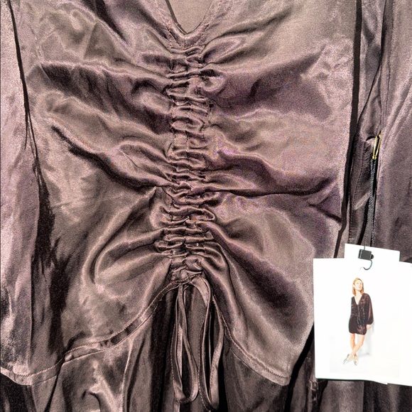 Nation LTD Cora Coffee Brown Satin Ruched Mini Dress Long Sleeve NWT M - Picture 5 of 8